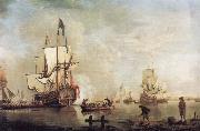 Thomas Mellish The Royal Caroline in a calm estuary flying a Royal standard and surrounded by an attendant barge and other small boats